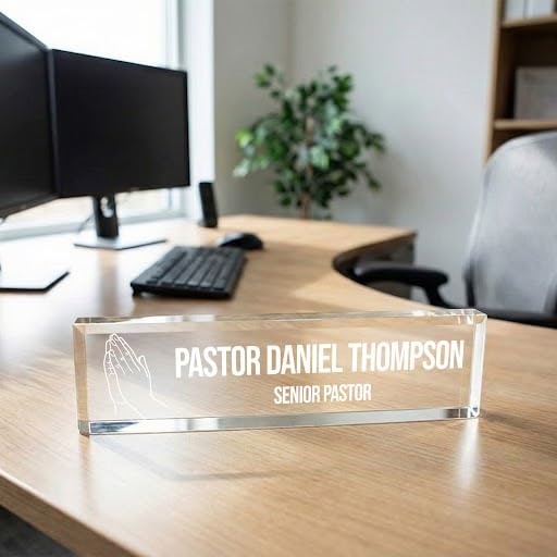 Church Themed, Praying Hands, Personalized Acrylic Desk Sign (2 x 10")