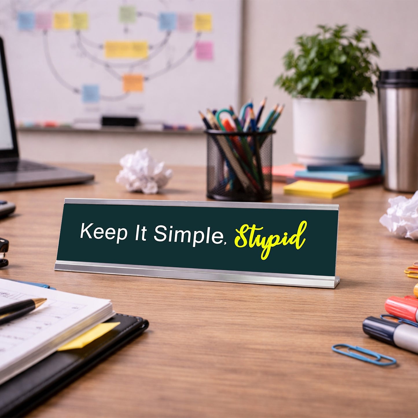 Keep it Simple, Stupid, Green Silver Frame, Desk Sign (2x8“)