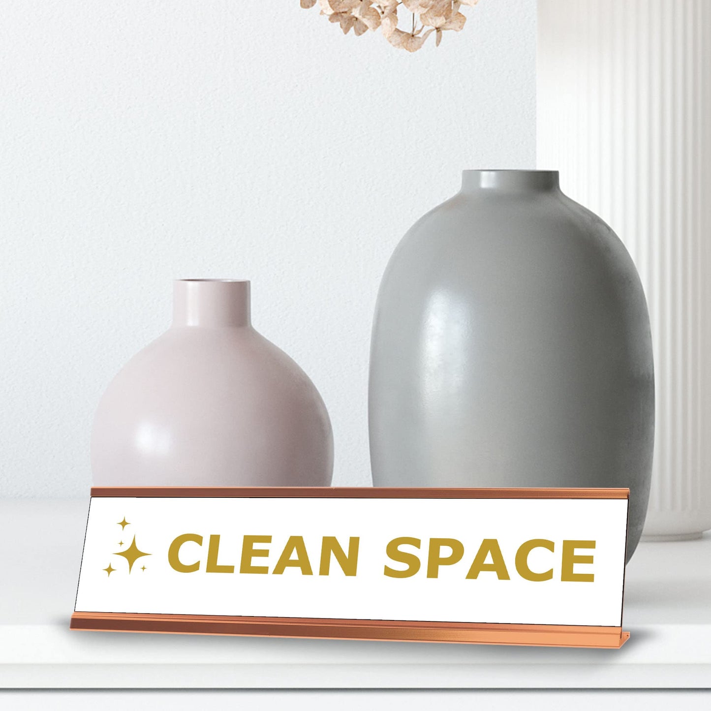 Clean Space, Golden Gold Frame, Desk Sign (2x8")