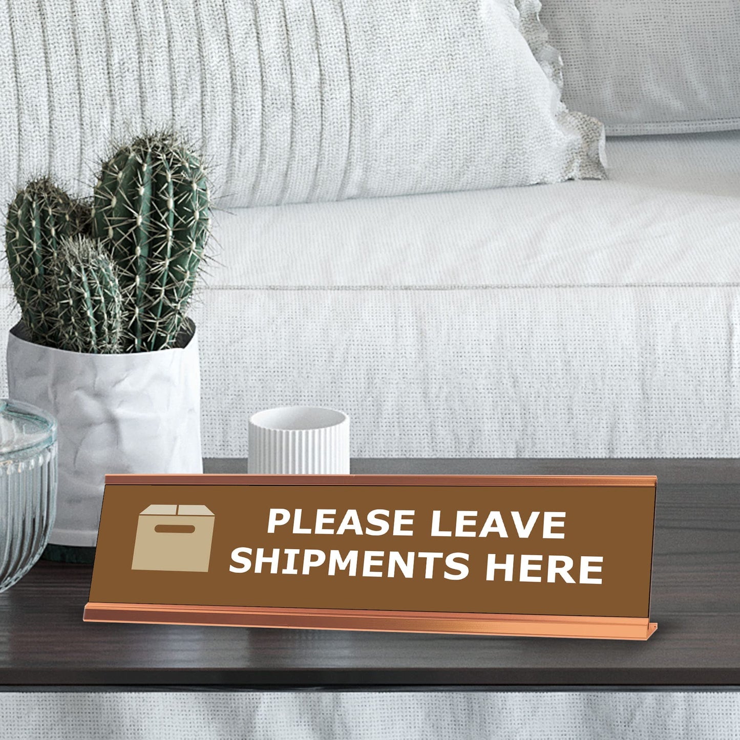 Please Leave Shipments Here, Brown Gold Frame, Desk Sign (2 x 8")