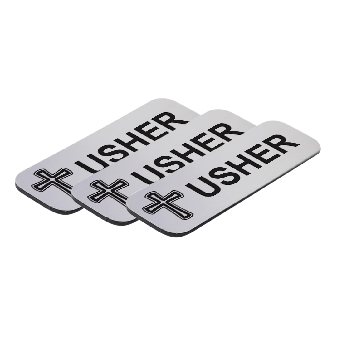 Usher 1 x 3" Name Tag/Badge, Cross Design (3 Pack)