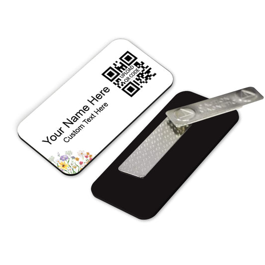 Custom Custom Name Badge QR Code Badges (1.5 x 3") Rounded Corners | Personalized Name Tags with Pin or Magnet Backing