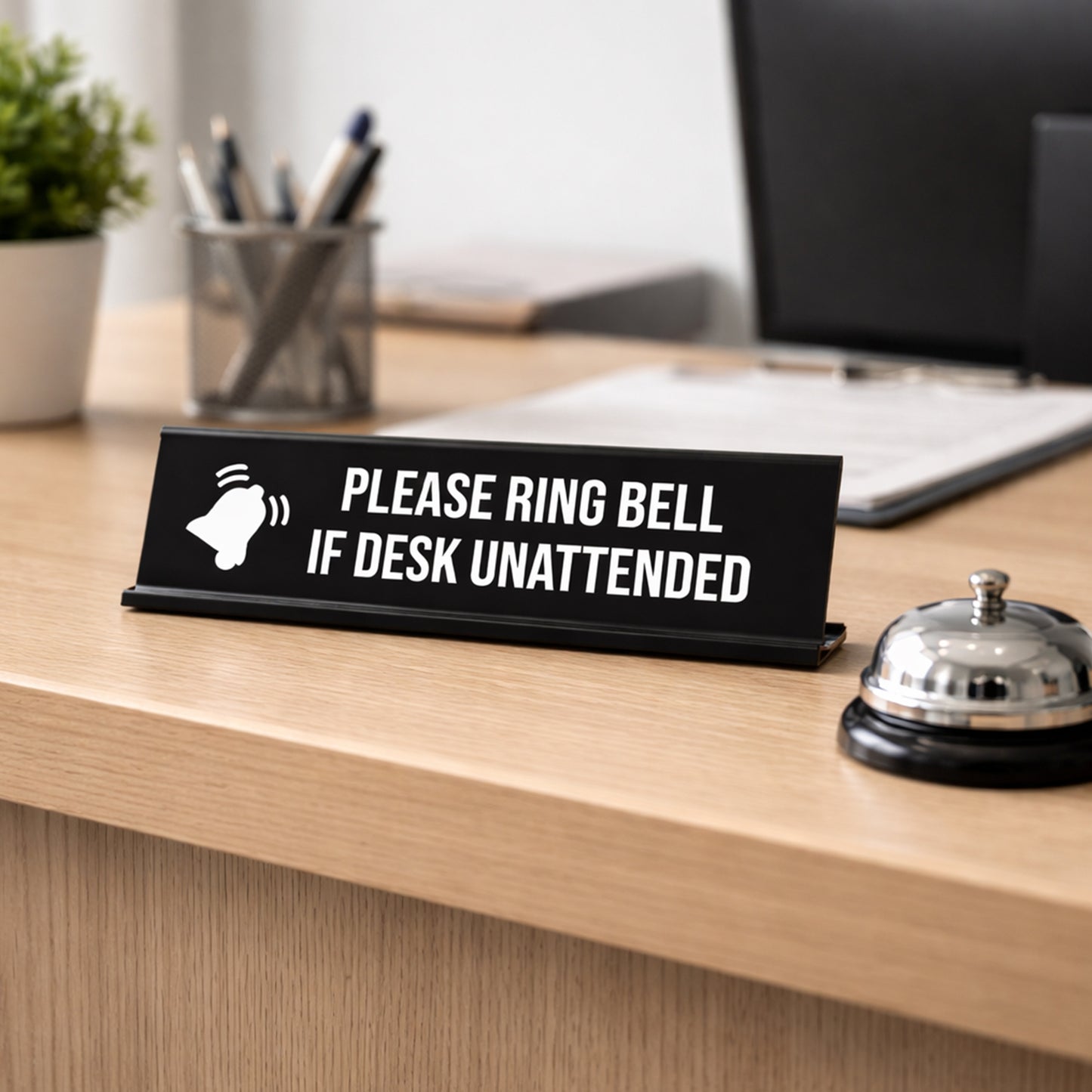Please Ring Bell If Desk Unattended, BW Black Frame, Desk Sign (2x8")