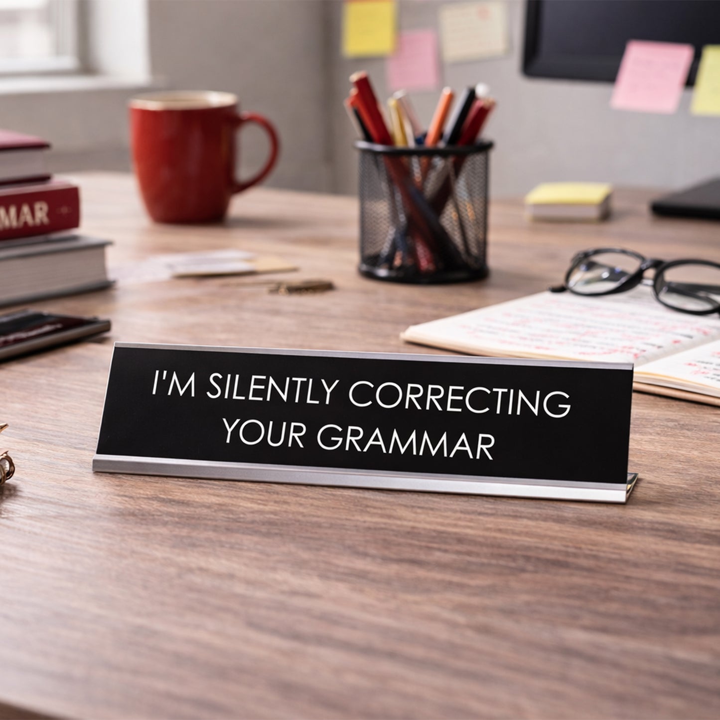 Signs ByLITA “I’M SILENTLY CORRECTING YOUR GRAMMAR” Novelty Desk Sign (2" x 8") – Funny Grammar Desk Decor – Office Humor Nameplate