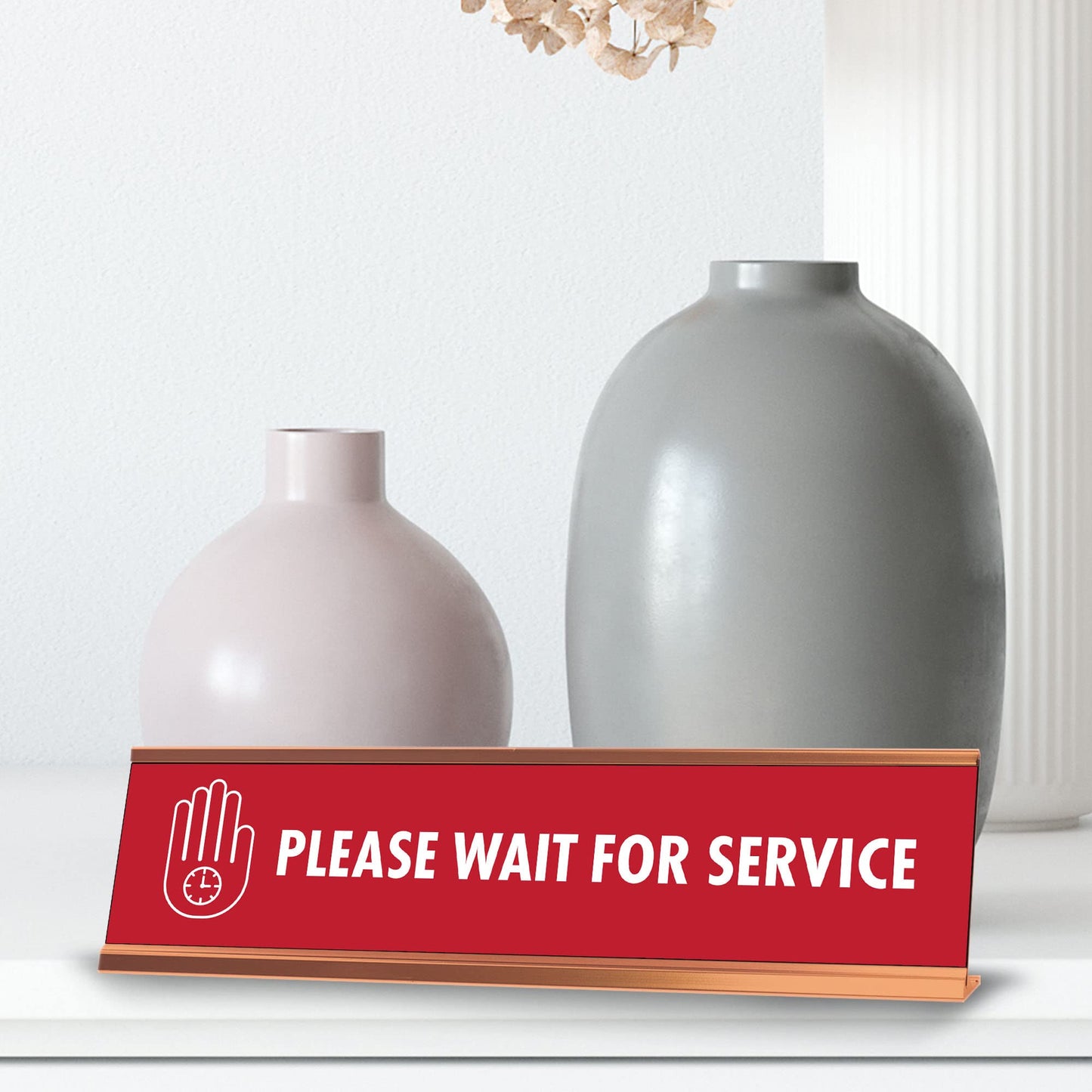 Please Wait For Service, Clock Gold Frame, Desk Sign (2x8")