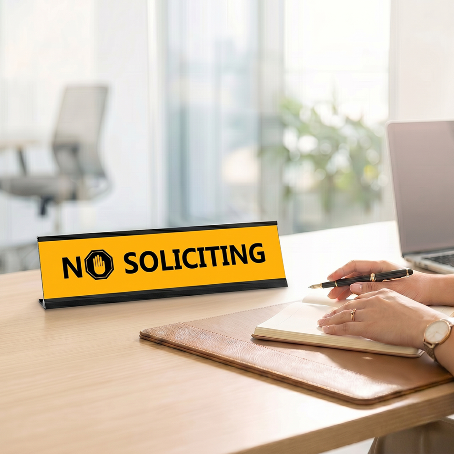 No Soliciting, Black Frame Desk Sign (2x8")
