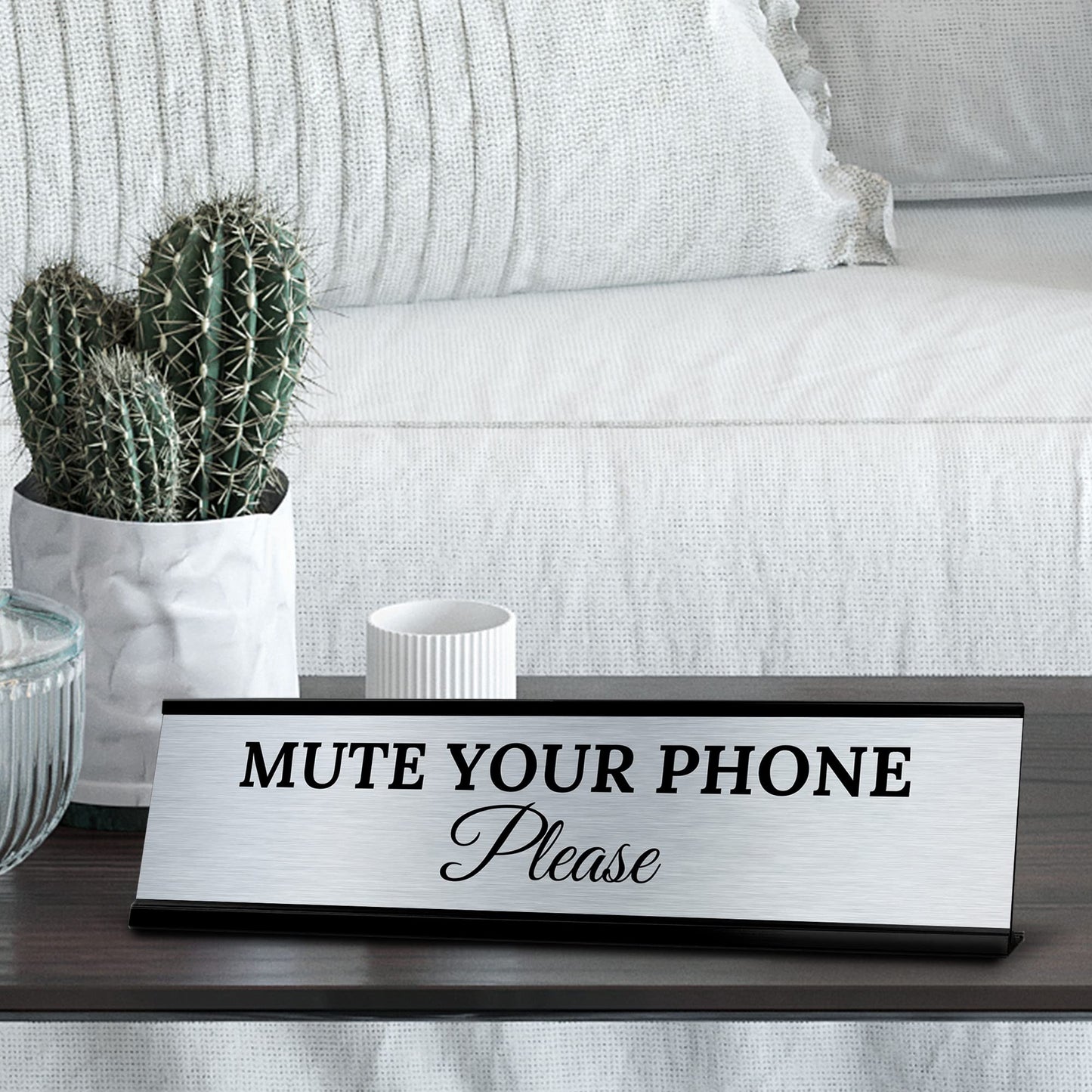 Signs ByLITA Mute Your Phone Please Office Decoration Gift Black Frame Desk Sign (2x8")