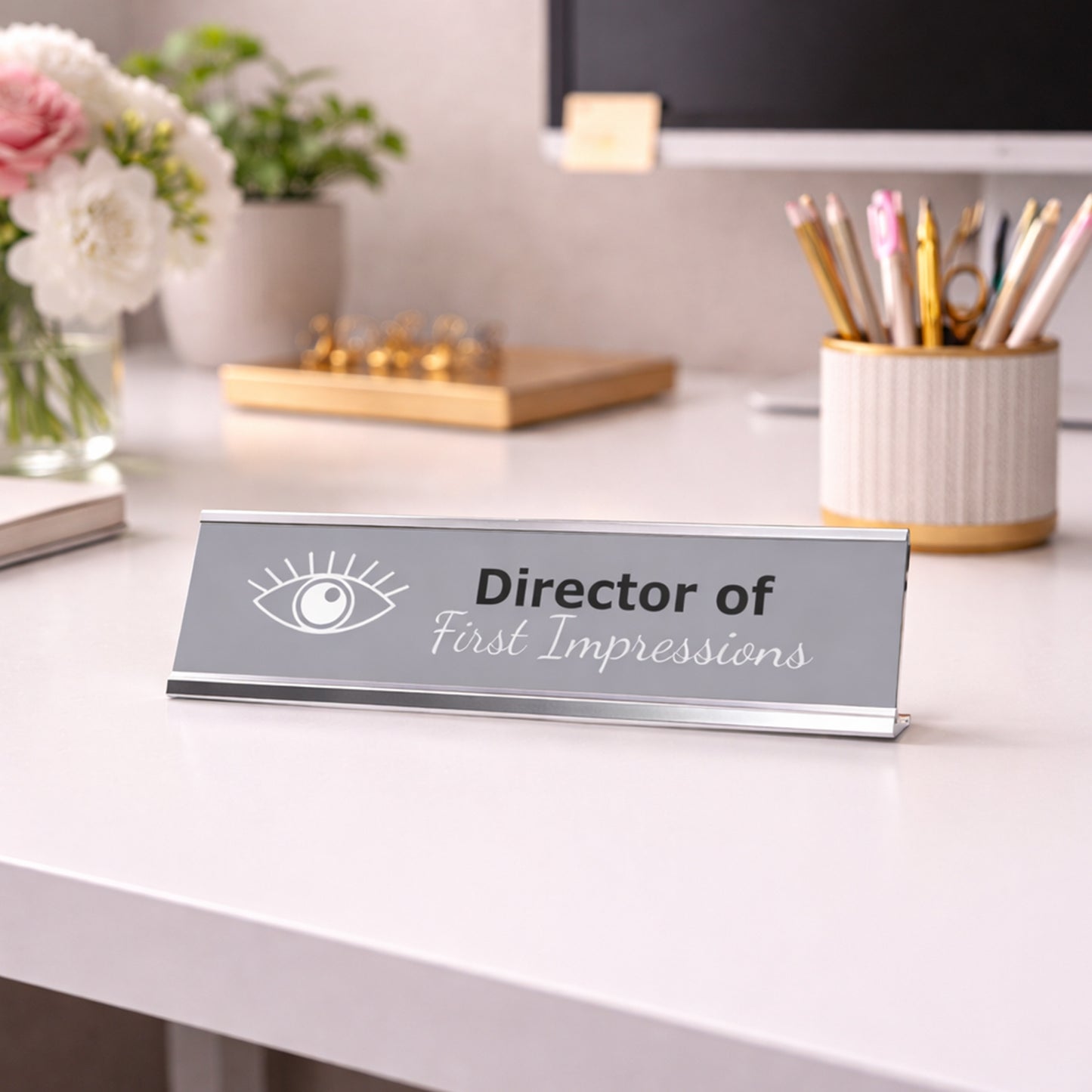 Director of First Impressions, Silver Frame Desk Sign (2x8)