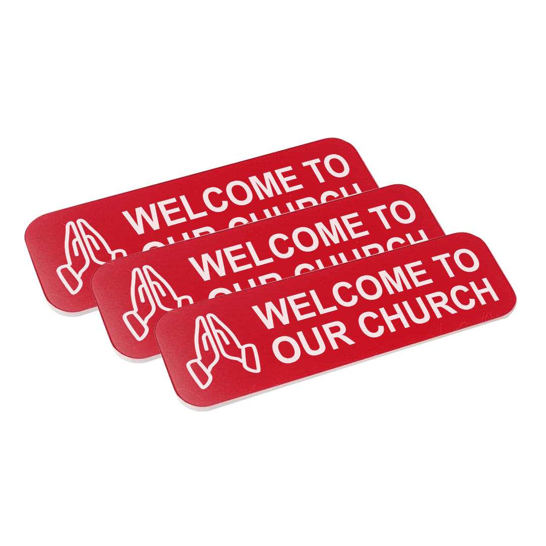Welcome To Our Church 1 x 3" Name Tag/Badge, Praying Hands Design (3 Pack)