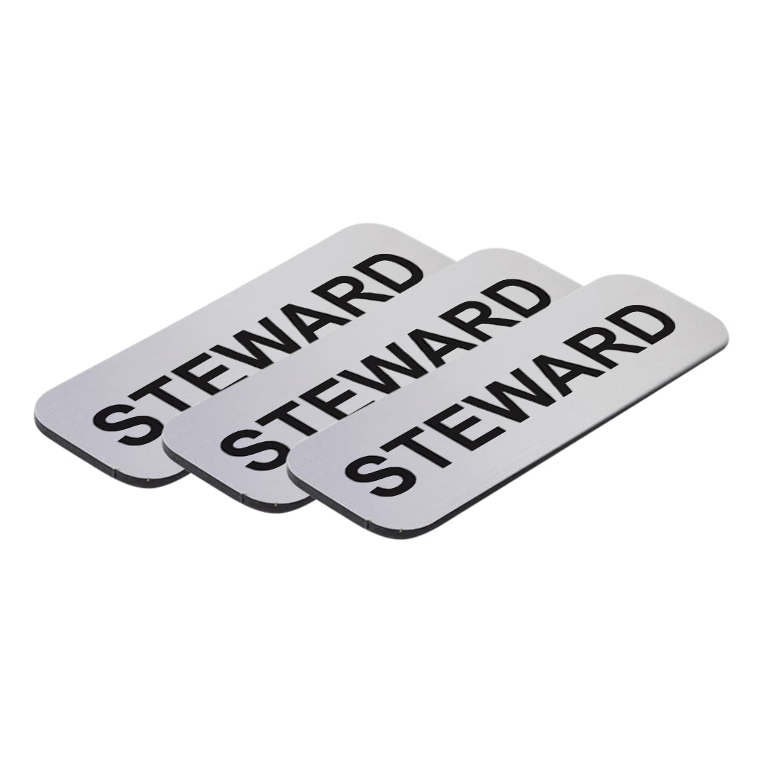 Brushed Silver Steward 1 x 3" Name Tag, (3 Pack)