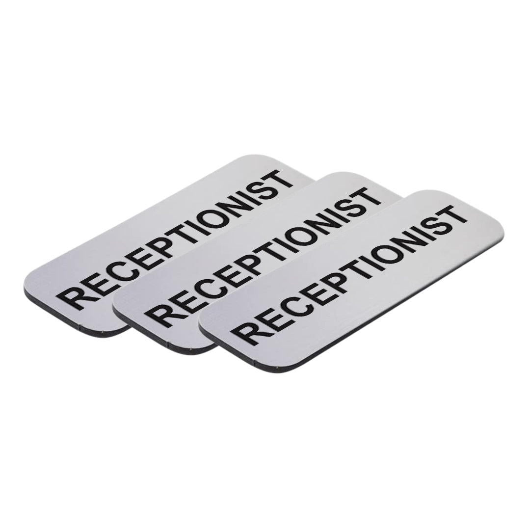 Brushed Silver Receptionist 1 x 3" Name Tag, (3 Pack)