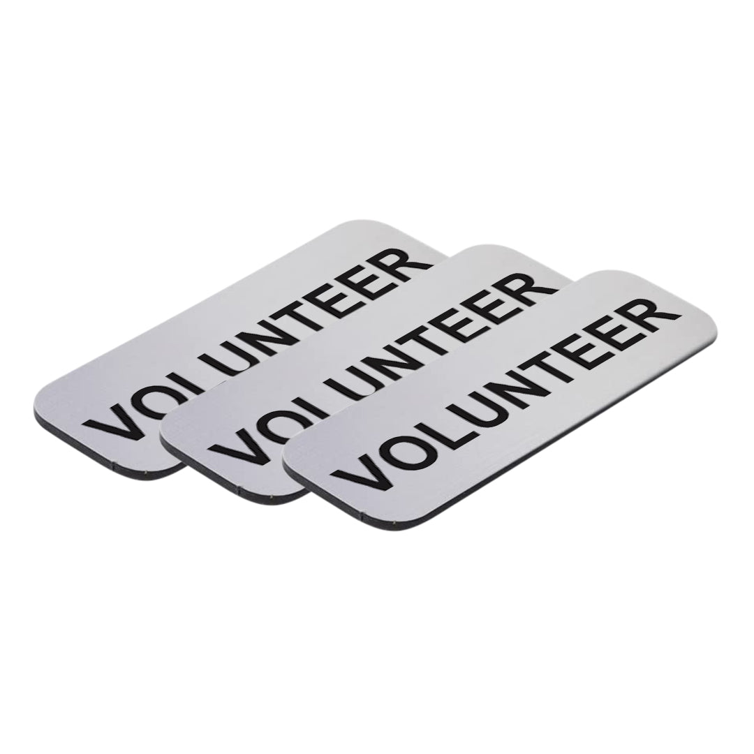 Brushed Silver Volunteer 1 x 3" Name Tag, (3 Pack)