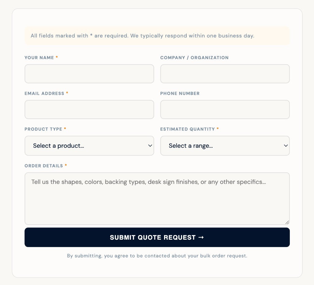 Bulk order quote request form