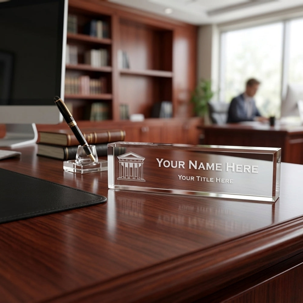 Attorney or Judge Themed, Personalized Acrylic Desk Sign for Lawyers and Legal Professionals (Roman Building) (2 x 10")