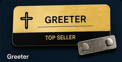 Church greeter wearing name badge