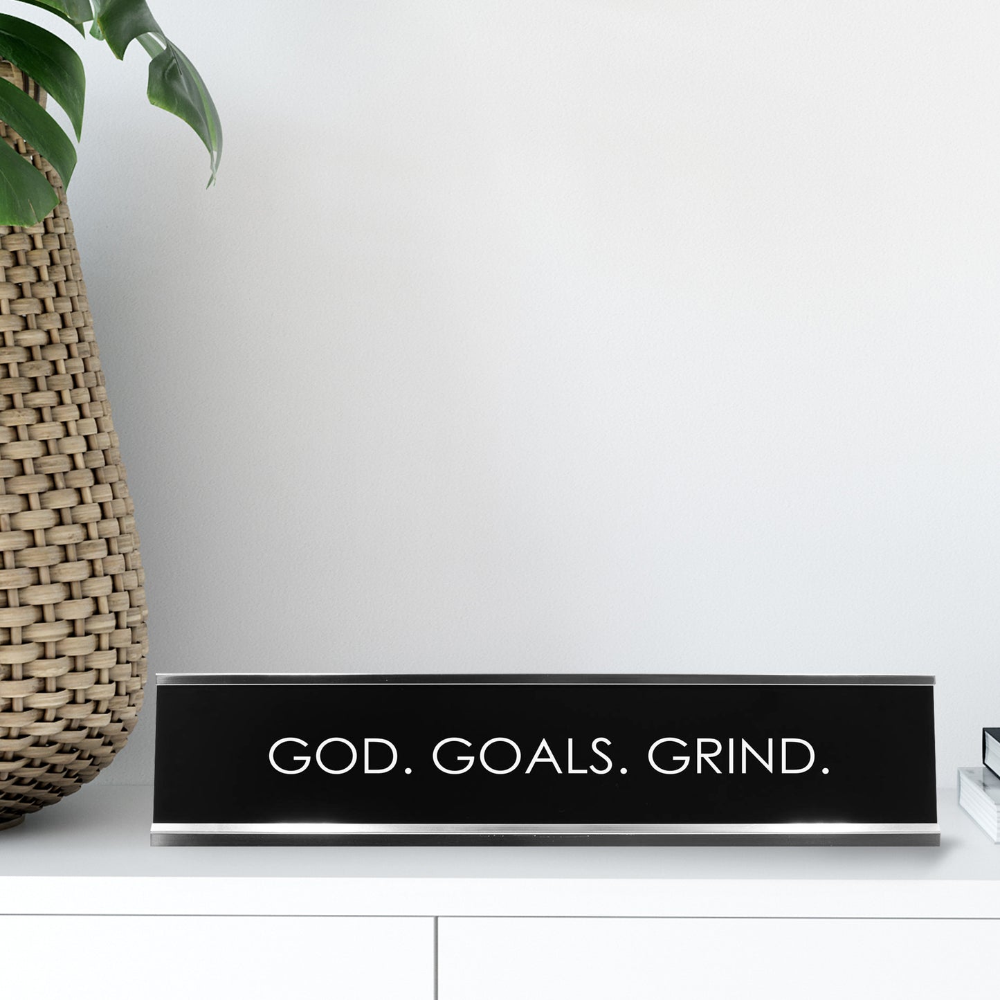 “GOD. Goals. Grind.” Novelty Desk Sign (2" x 10") – Motivational Office Desk Decor – Inspirational Nameplate