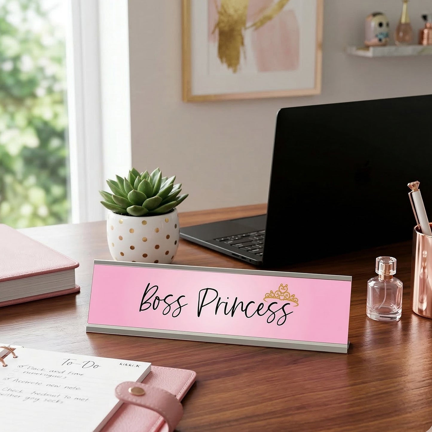 Boss Princess Desk Sign (2" x 8") – Pink Nameplate with Silver Frame – Cute Office Desk Decor Gift