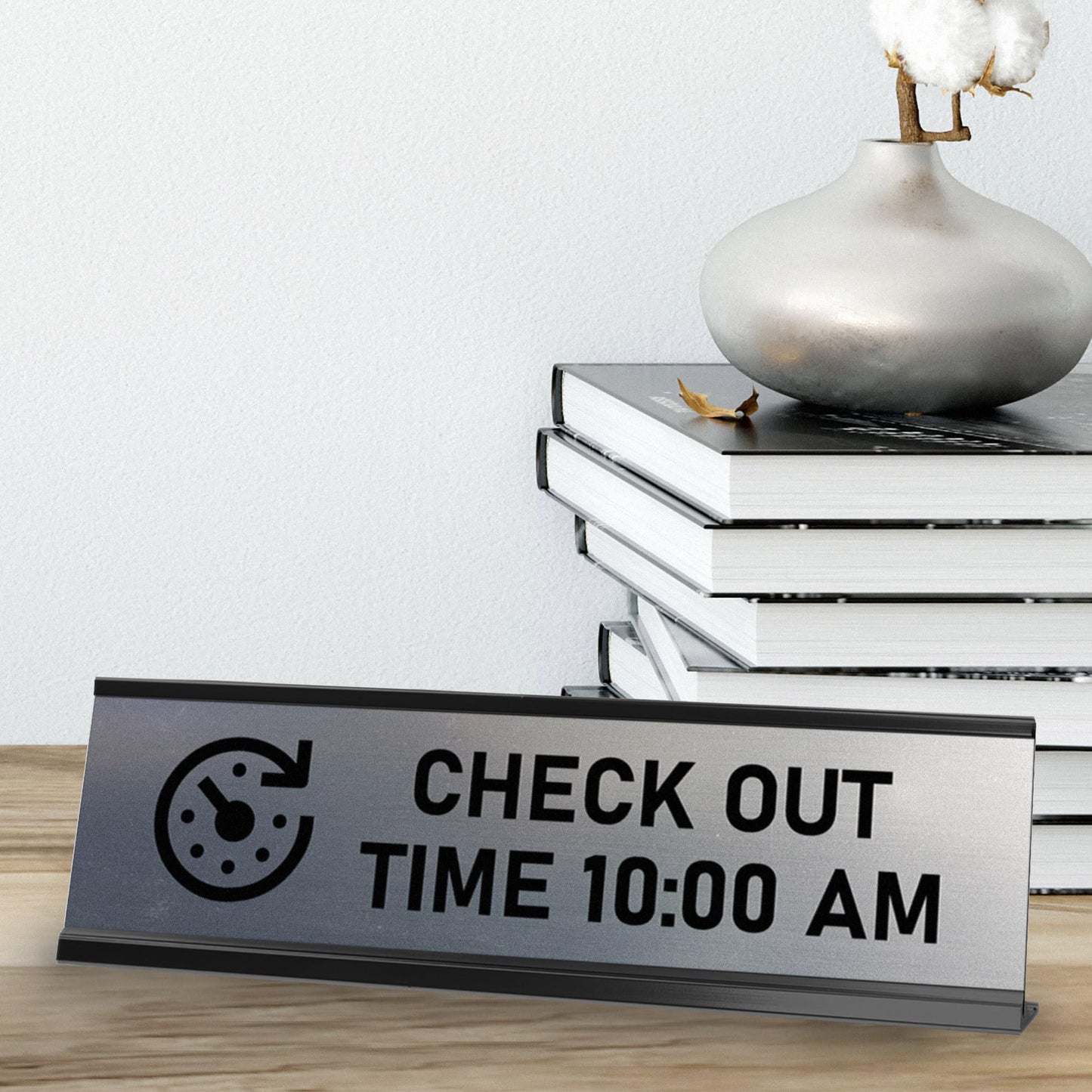 Signs ByLITA Check Out Time 10:00 am Black Frame Desk Sign (2x8")