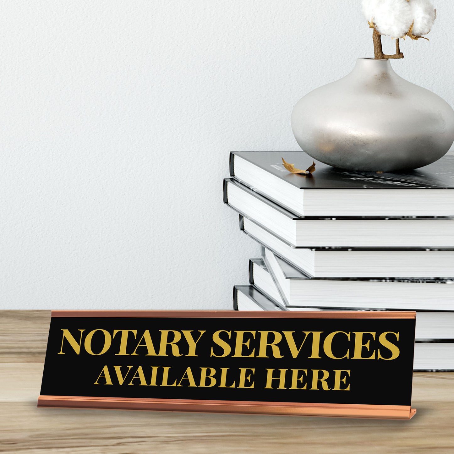 Signs ByLITA Notary Services Available Here Gold Frame Desk Sign (2x8")