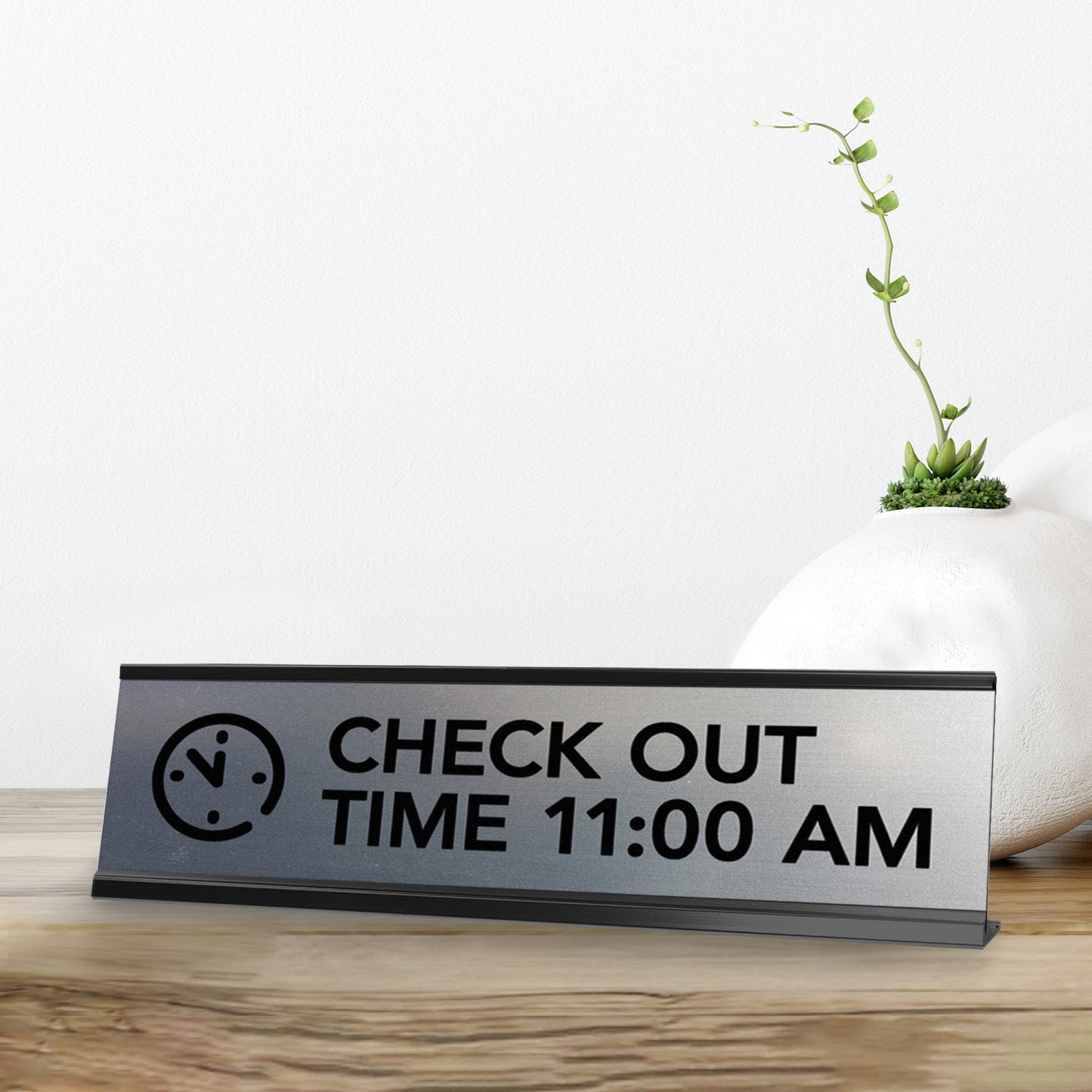 Signs ByLITA Check Out Time 11:00 am Black Frame Desk Sign (2x8")