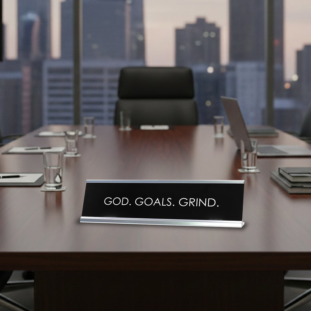 “GOD. Goals. Grind.” Novelty Desk Sign (2" x 10") – Motivational Office Desk Decor – Inspirational Nameplate