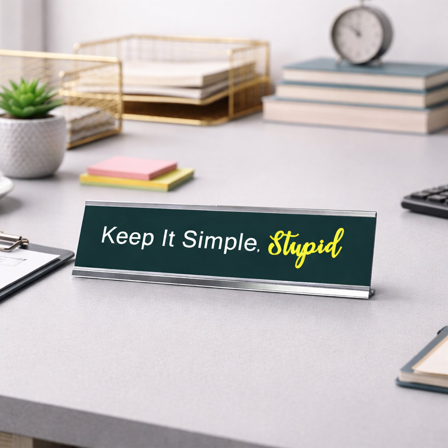 Keep it Simple, Stupid, Green Silver Frame, Desk Sign (2x8“)