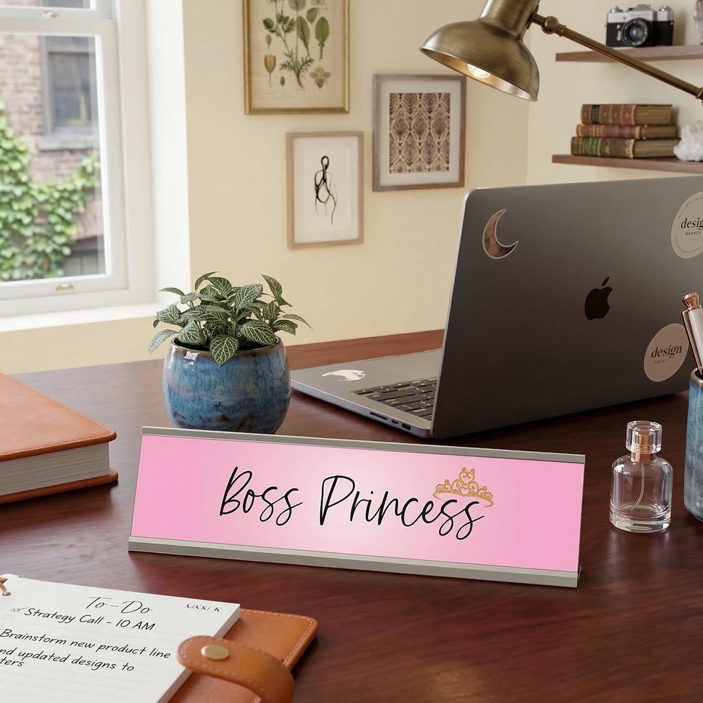 Boss Princess Desk Sign (2" x 8") – Pink Nameplate with Silver Frame – Cute Office Desk Decor Gift