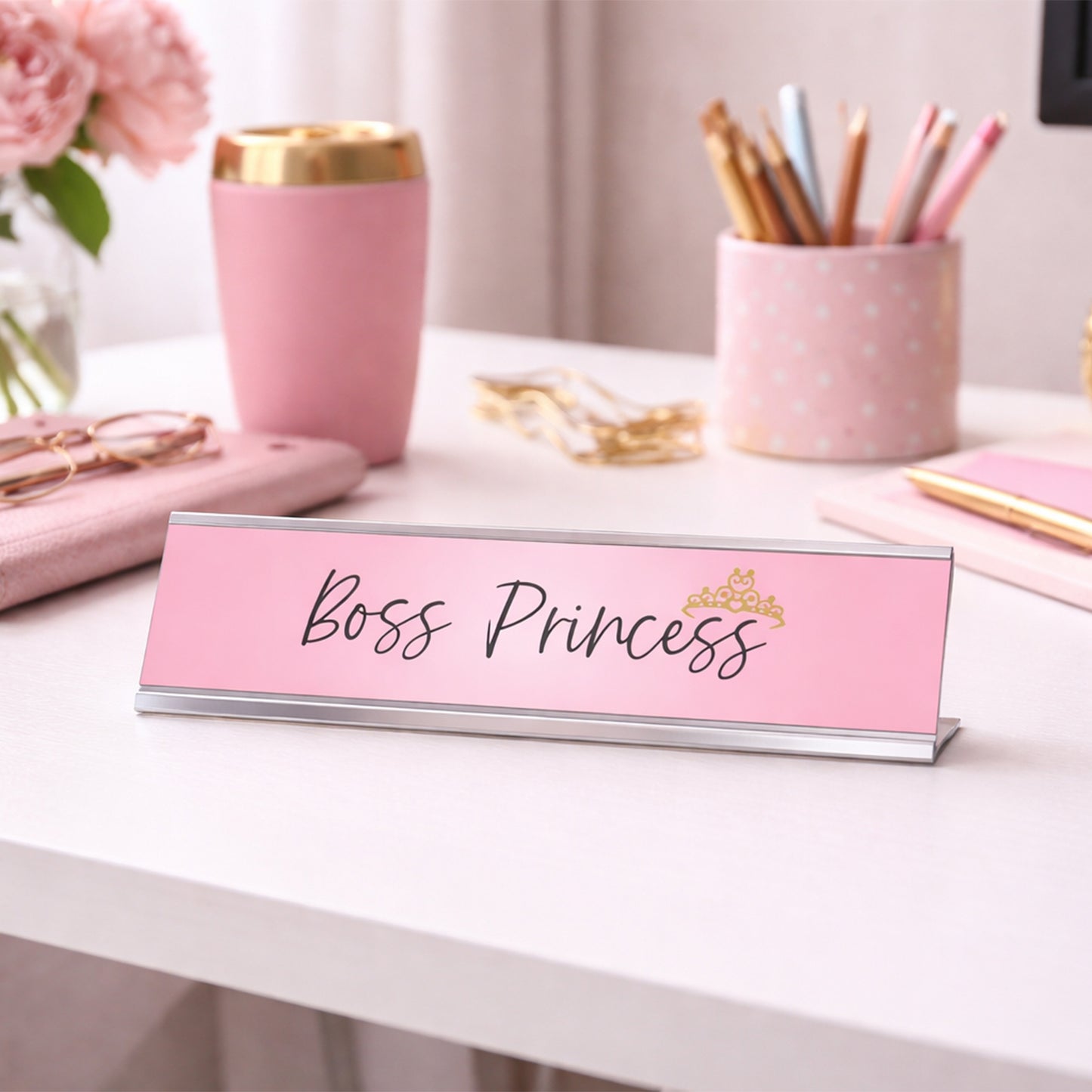 Boss Princess Desk Sign (2" x 8") – Pink Nameplate with Silver Frame – Cute Office Desk Decor Gift