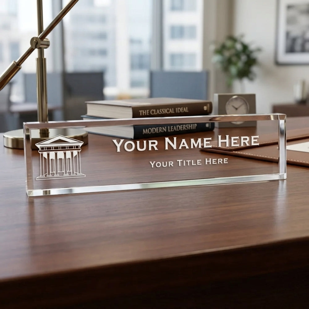 Attorney or Judge Themed, Personalized Acrylic Desk Sign for Lawyers and Legal Professionals (Roman Building) (2 x 10")
