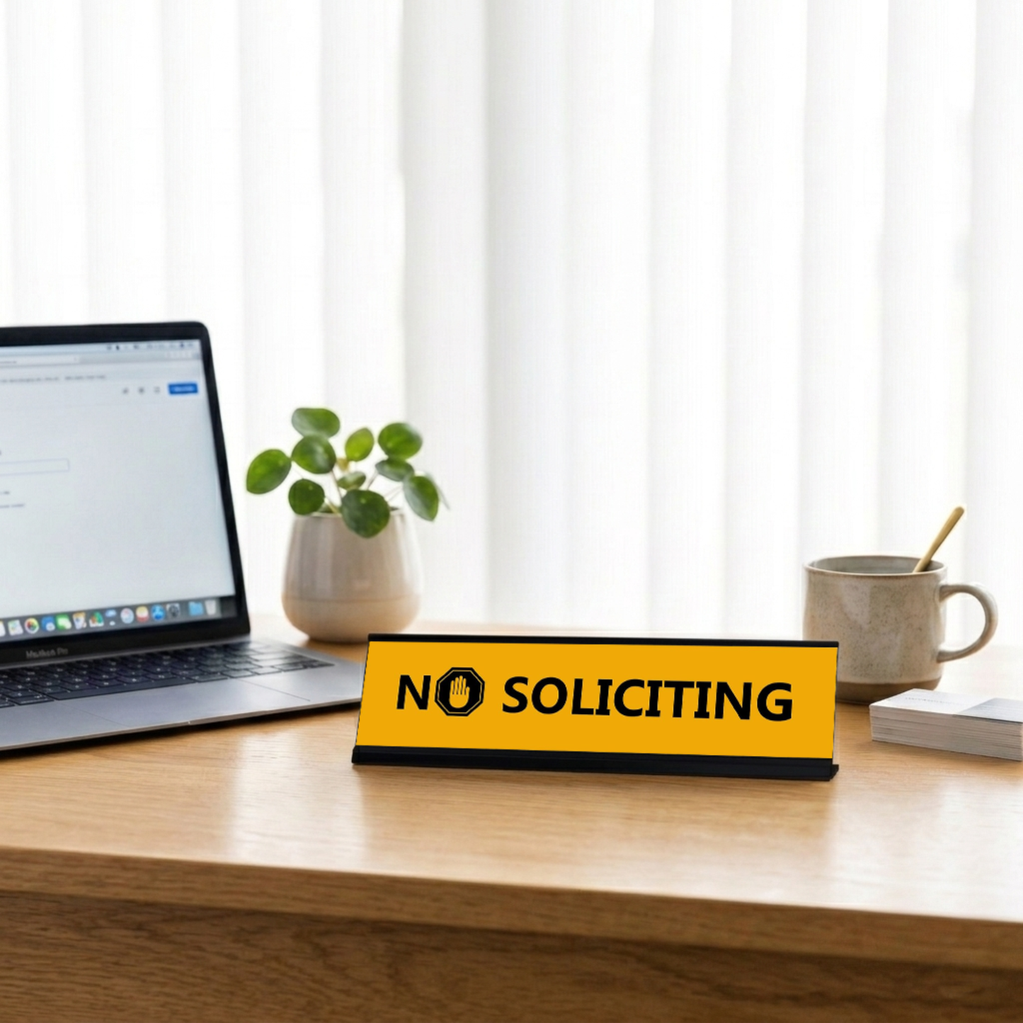 No Soliciting, Black Frame Desk Sign (2x8")
