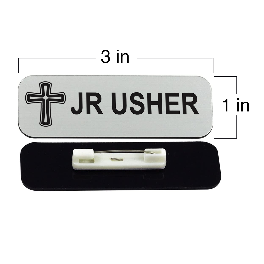 Jr Usher 1 x 3" Name Tag/Badge, Cross Design (3 Pack)