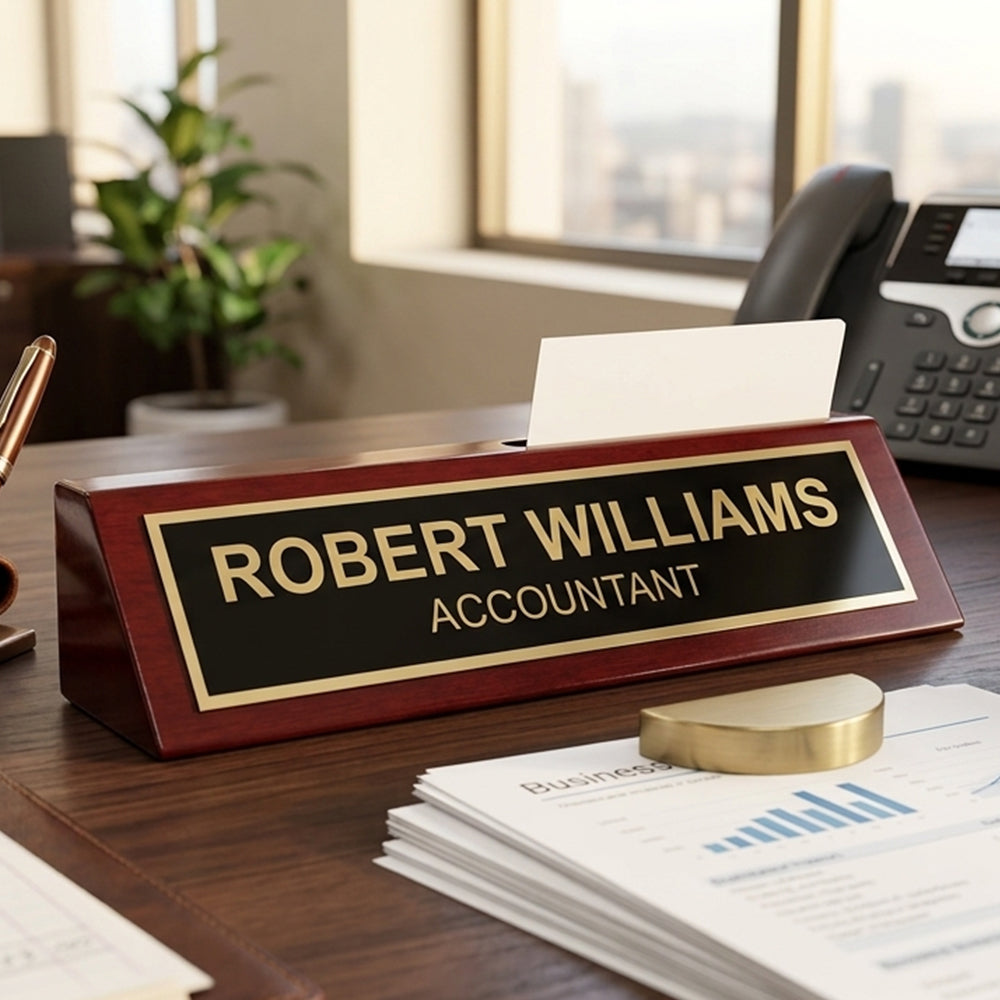 Piano FInished Rosewood Desk Name Plate with Card Holder