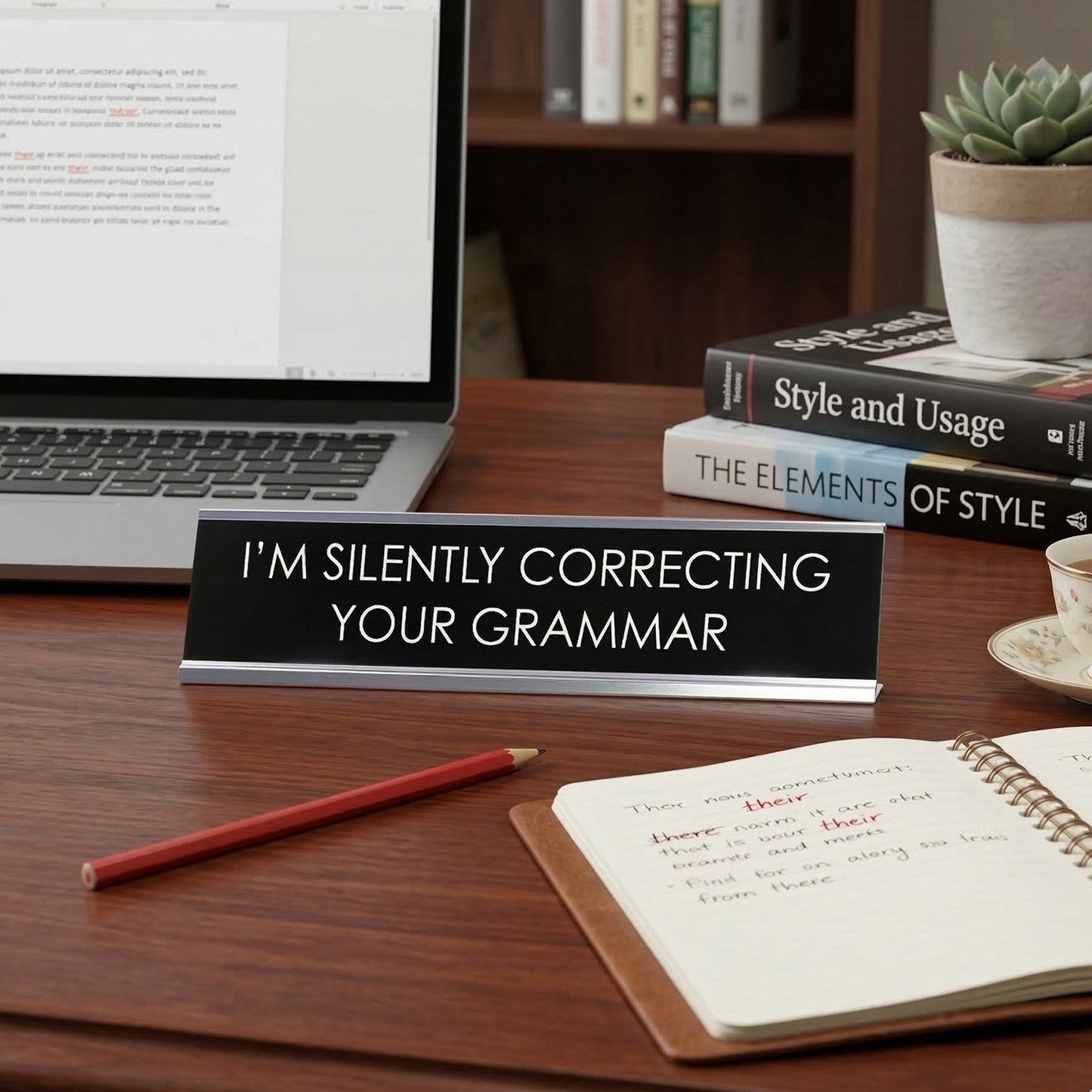 Signs ByLITA “I’M SILENTLY CORRECTING YOUR GRAMMAR” Novelty Desk Sign (2" x 8") – Funny Grammar Desk Decor – Office Humor Nameplate