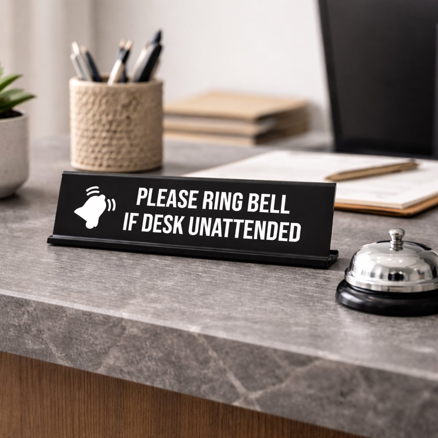 Please Ring Bell If Desk Unattended, BW Black Frame, Desk Sign (2x8")