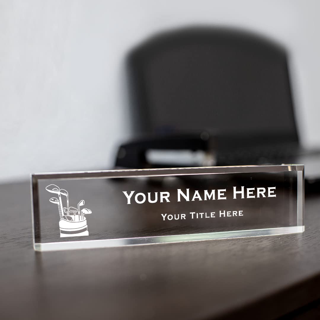 Golfer Themed, Personalized Acrylic Desk Sign, Golf Clubs Design (2 x 10")