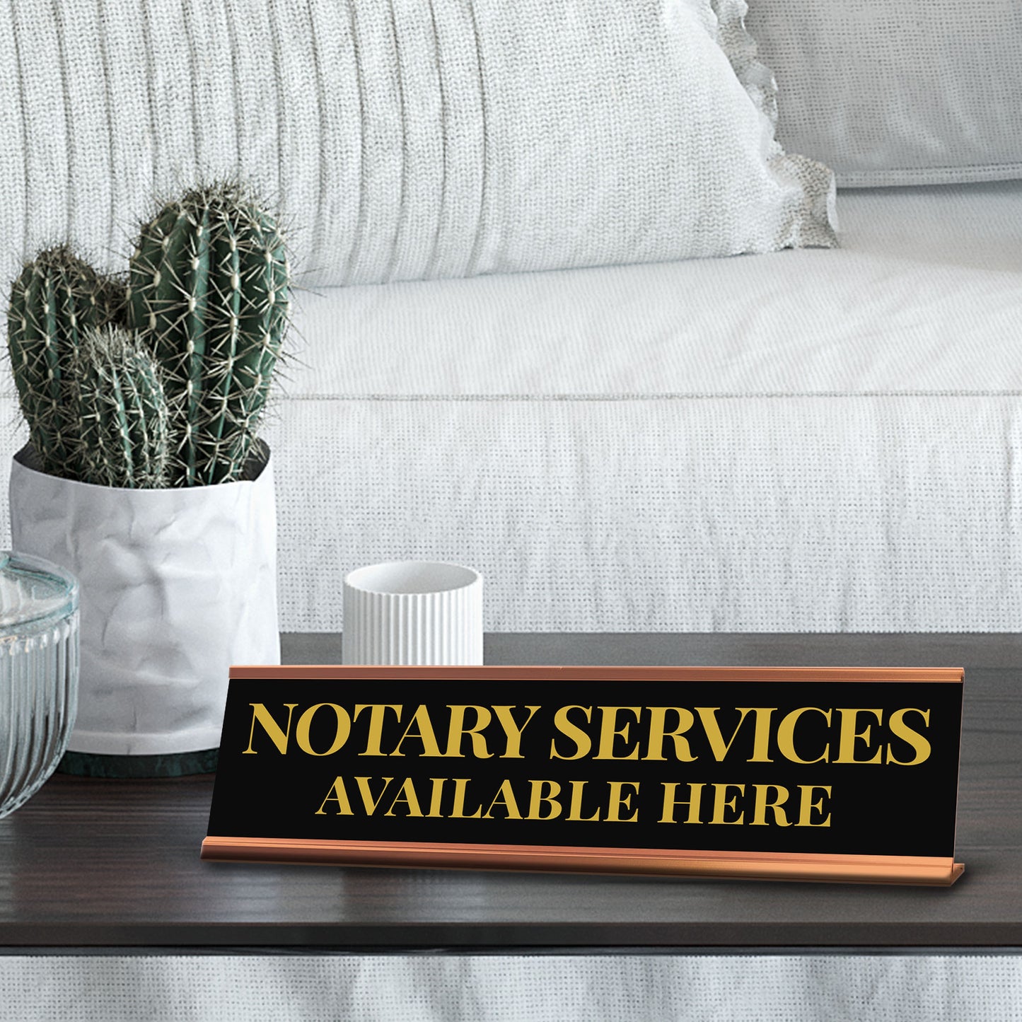 Signs ByLITA Notary Services Available Here Gold Frame Desk Sign (2x8")