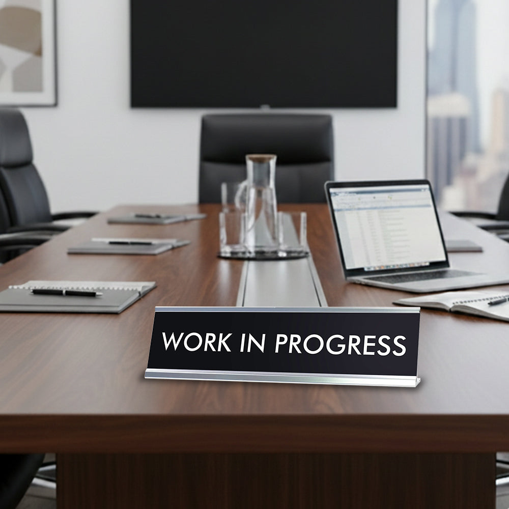 “WORK IN PROGRESS” Novelty Desk Sign (2" x 8") – Funny Office Desk Decor – Motivational Nameplate