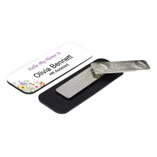Custom Hello My Name is (Floral Corner Design) Badges (1 x 3") and (1.5 x 3") Rounded Corners | Personalized Name Tags with Pin or Magnet Backing