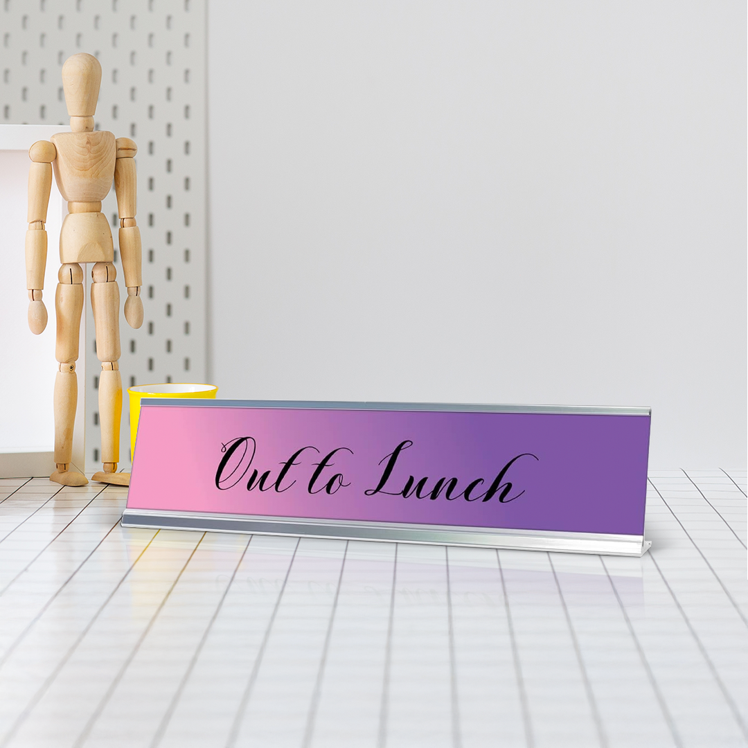 Out to Lunch, Purple Cursive Desk Sign (2 x 8")
