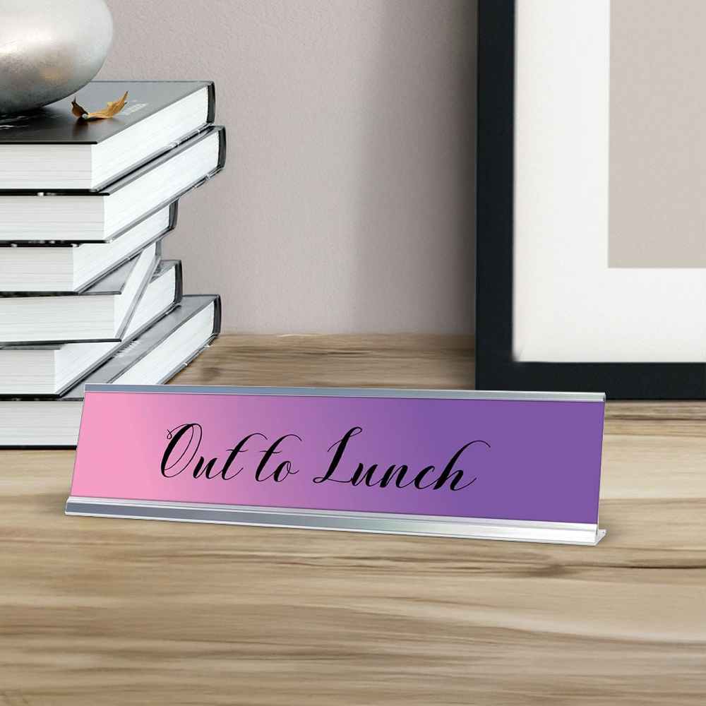 Out to Lunch, Purple Cursive Desk Sign (2 x 8")