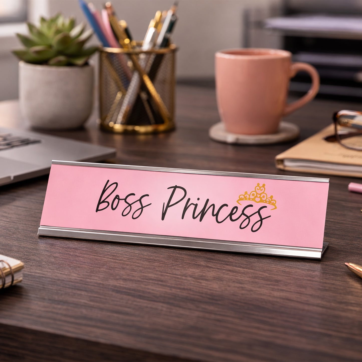 Boss Princess Desk Sign (2" x 8") – Pink Nameplate with Silver Frame – Cute Office Desk Decor Gift