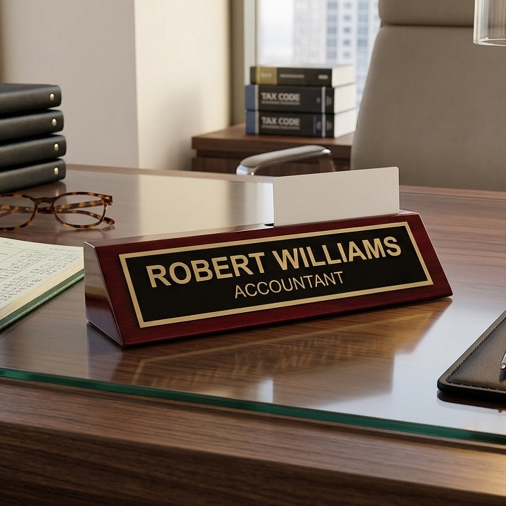Piano FInished Rosewood Desk Name Plate with Card Holder