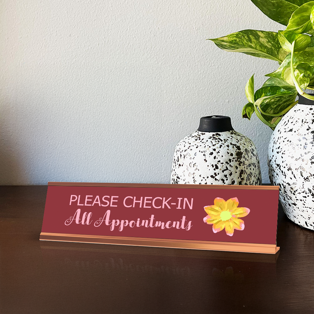 Please Check-In All Appointments, Flower Gold Frame Desk Sign (2 x 8")