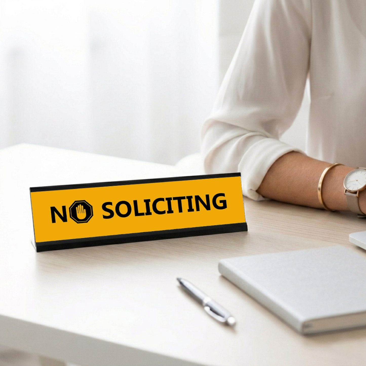 No Soliciting, Black Frame Desk Sign (2x8")