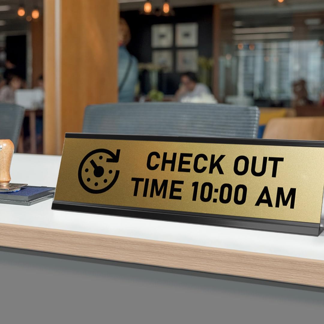 Signs ByLITA Check Out Time 10:00 am Black Frame Desk Sign (2x8")