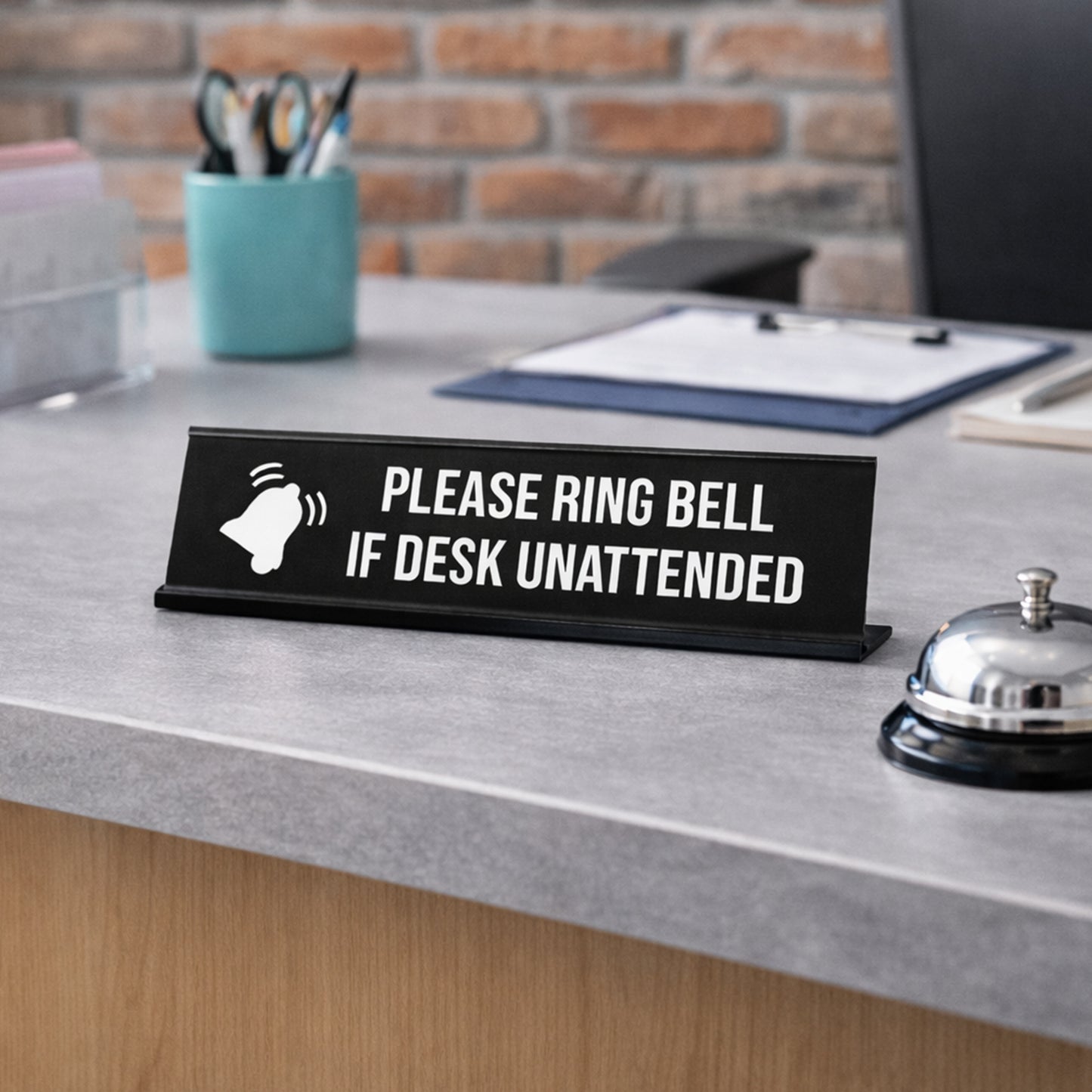 Please Ring Bell If Desk Unattended, BW Black Frame, Desk Sign (2x8")