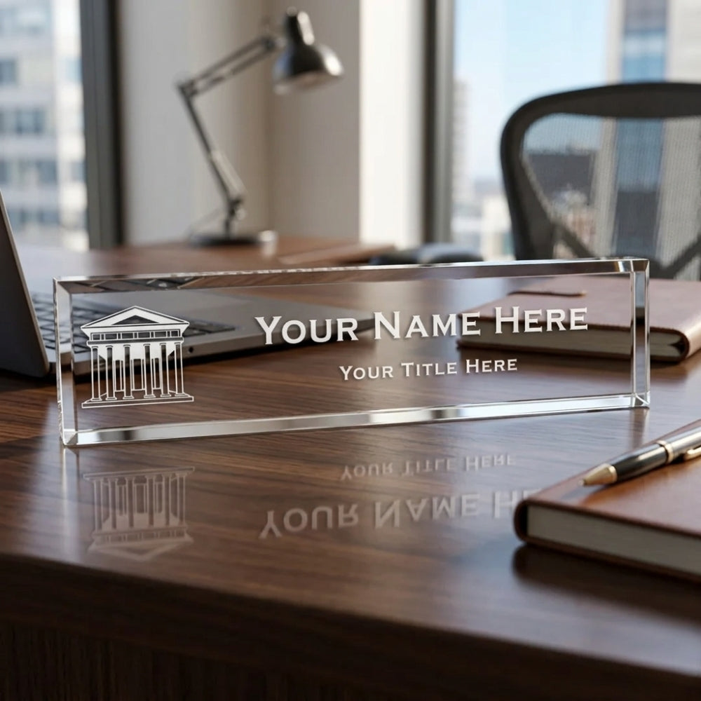 Attorney or Judge Themed, Personalized Acrylic Desk Sign for Lawyers and Legal Professionals (Roman Building) (2 x 10")