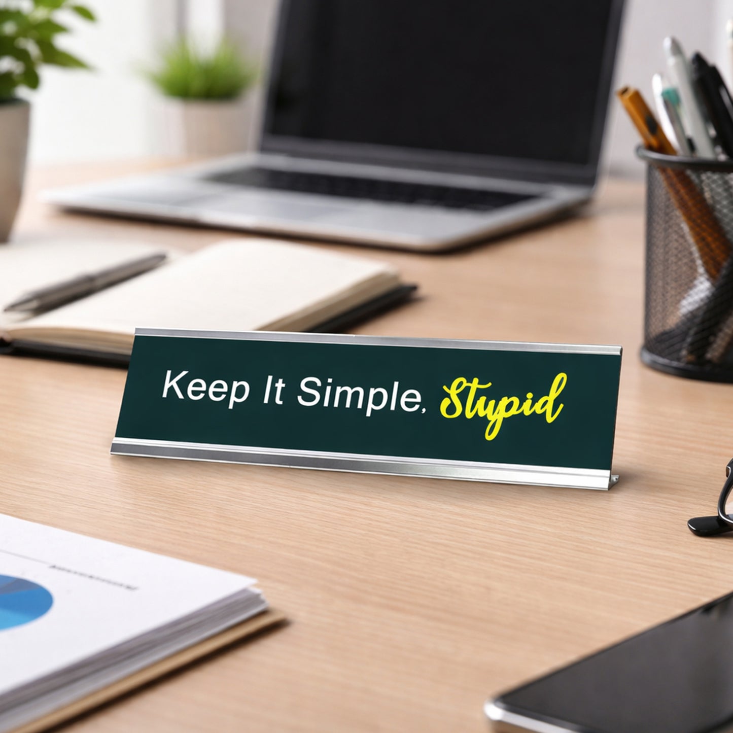 Keep it Simple, Stupid, Green Silver Frame, Desk Sign (2x8“)