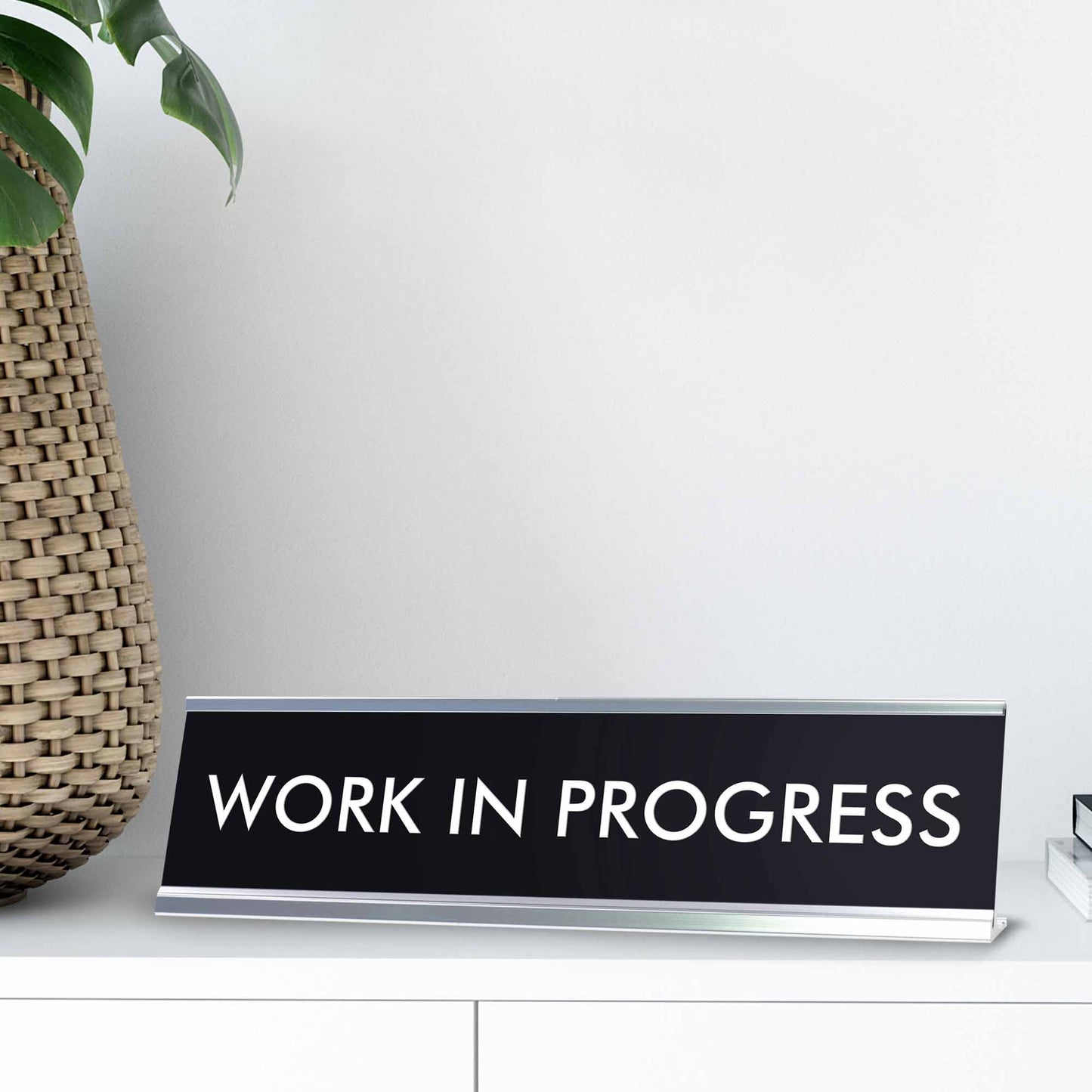 “WORK IN PROGRESS” Novelty Desk Sign (2" x 8") – Funny Office Desk Decor – Motivational Nameplate