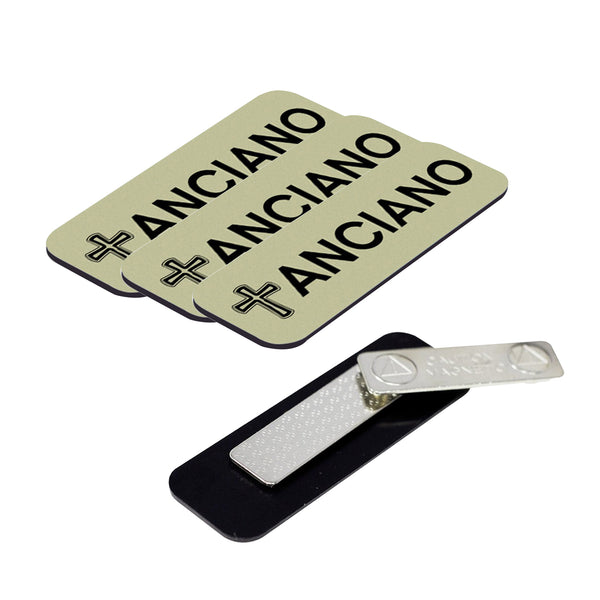 Anciano (Cross) Rounded Corners Name Tag/Badge, 1 x 3" Name Tags with Magnet Backing, Spanish Church Staff Badge Multipack